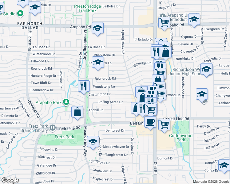 map of restaurants, bars, coffee shops, grocery stores, and more near 7729 Woodstone Lane in Dallas