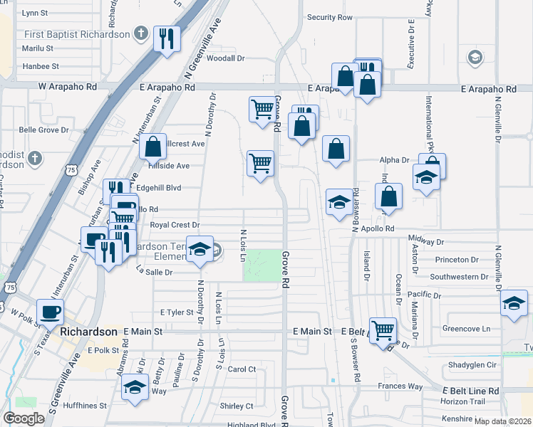 map of restaurants, bars, coffee shops, grocery stores, and more near 410 North Grove Road in Richardson