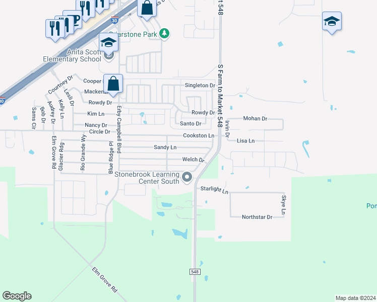 map of restaurants, bars, coffee shops, grocery stores, and more near 213 Sandy Lane in Royse City