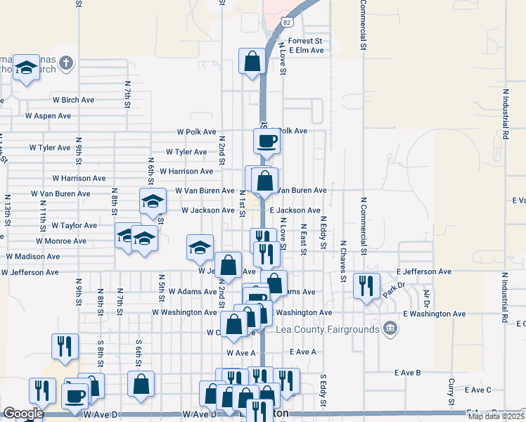 map of restaurants, bars, coffee shops, grocery stores, and more near 698 North Main Avenue in Lovington