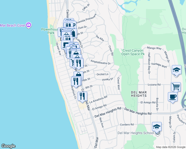 map of restaurants, bars, coffee shops, grocery stores, and more near 914 Highland Avenue in Del Mar