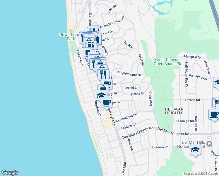 map of restaurants, bars, coffee shops, grocery stores, and more near 346 10th Street in Del Mar