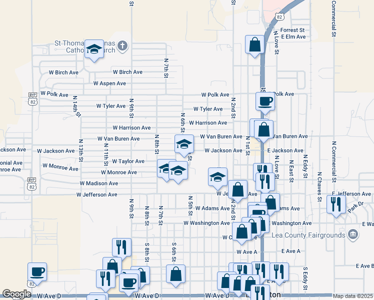map of restaurants, bars, coffee shops, grocery stores, and more near 405 West Van Buren Avenue in Lovington