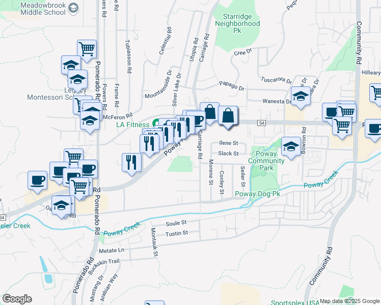 map of restaurants, bars, coffee shops, grocery stores, and more near 13202 Carriage Road in Poway
