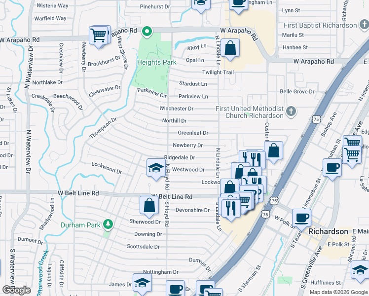 map of restaurants, bars, coffee shops, grocery stores, and more near 628 Newberry Drive in Richardson