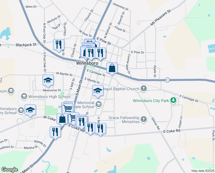 map of restaurants, bars, coffee shops, grocery stores, and more near 209 South Chestnut Street in Winnsboro