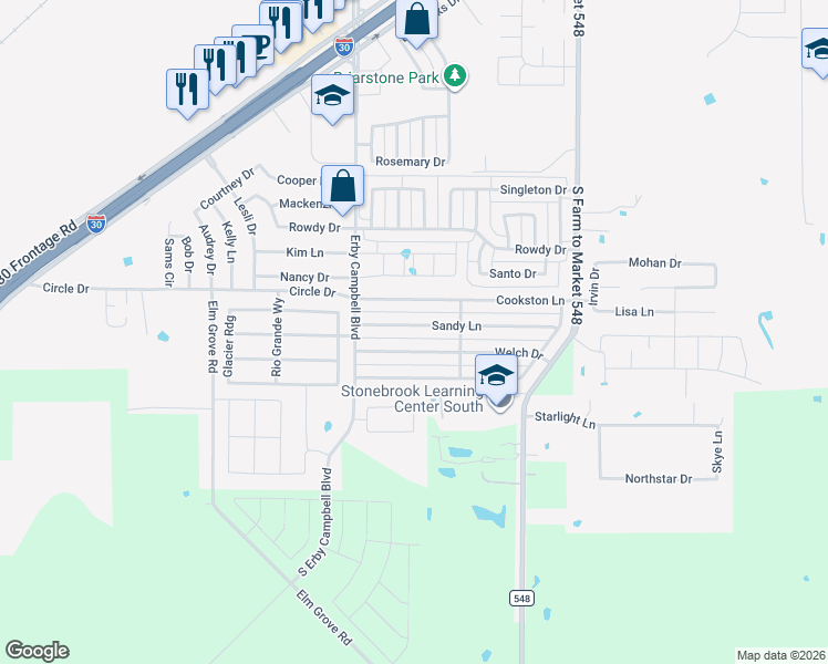 map of restaurants, bars, coffee shops, grocery stores, and more near 413 Sandy Lane in Royse City