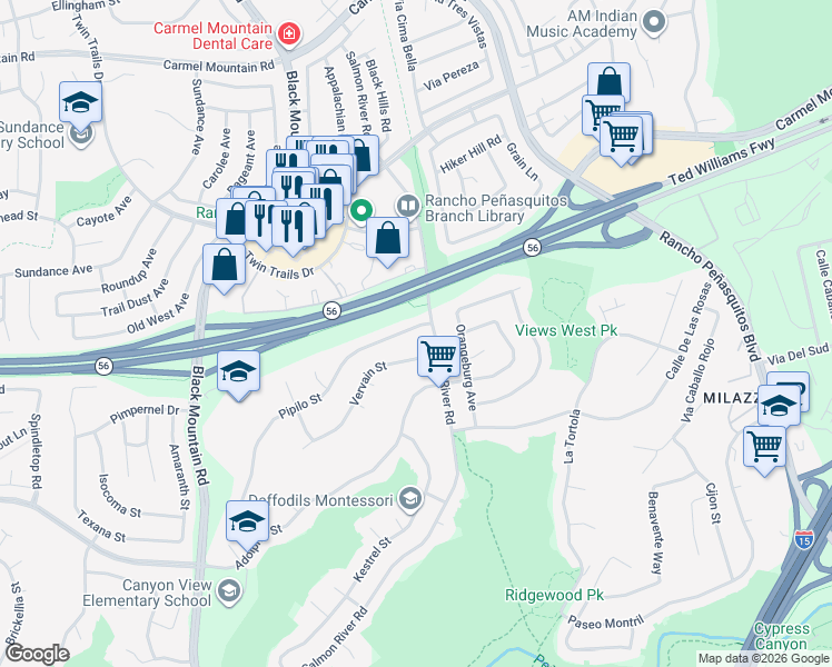map of restaurants, bars, coffee shops, grocery stores, and more near 9585 Pipilo Street in San Diego