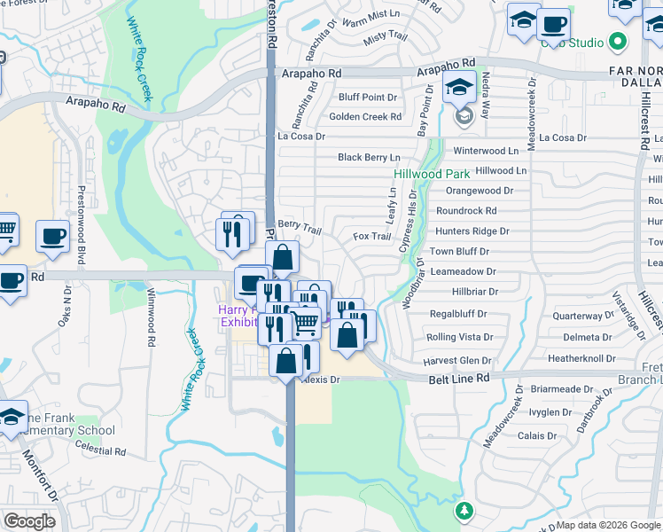 map of restaurants, bars, coffee shops, grocery stores, and more near 15221 Berry Trail in Dallas