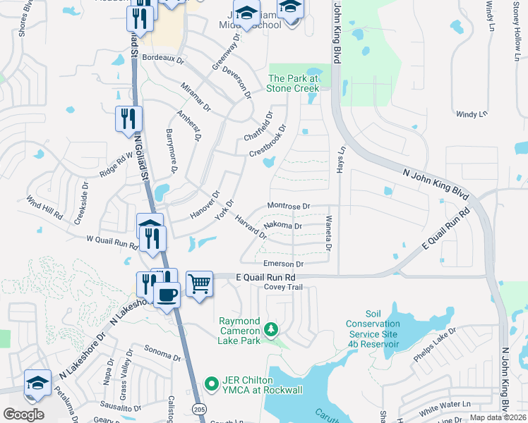 map of restaurants, bars, coffee shops, grocery stores, and more near 439 Montrose Drive in Rockwall