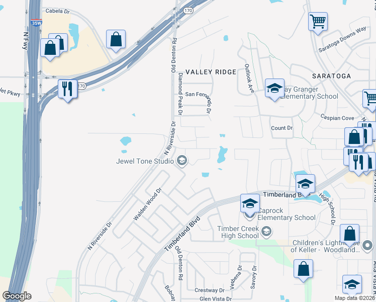 map of restaurants, bars, coffee shops, grocery stores, and more near 2921 Sawtimber Trail in Fort Worth