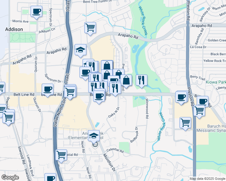 map of restaurants, bars, coffee shops, grocery stores, and more near 5325 Belt Line Road in Dallas