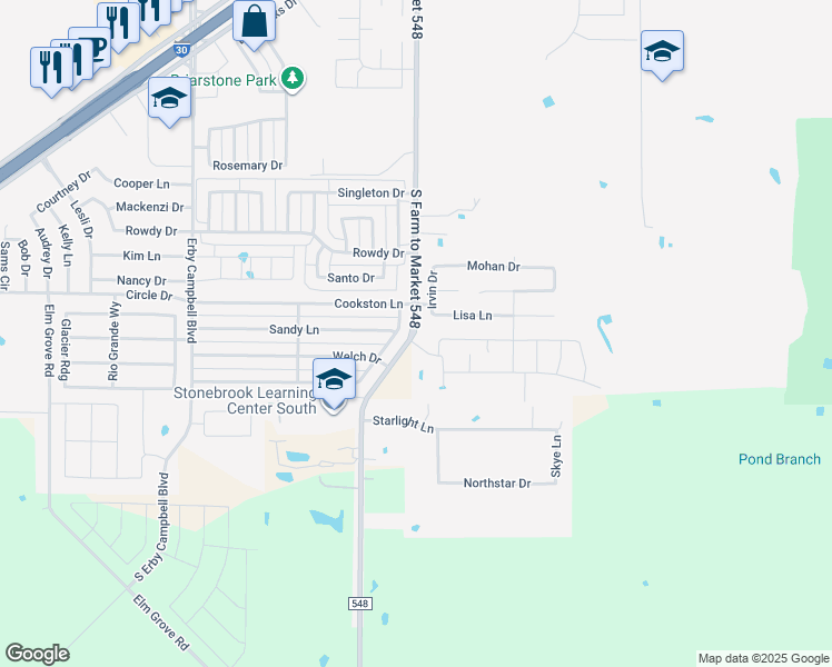 map of restaurants, bars, coffee shops, grocery stores, and more near 2106 Farm to Market 548 in Royse City
