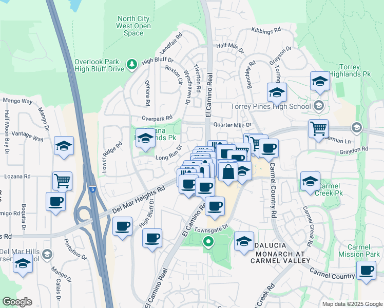 map of restaurants, bars, coffee shops, grocery stores, and more near 3625 Fallon Circle in San Diego