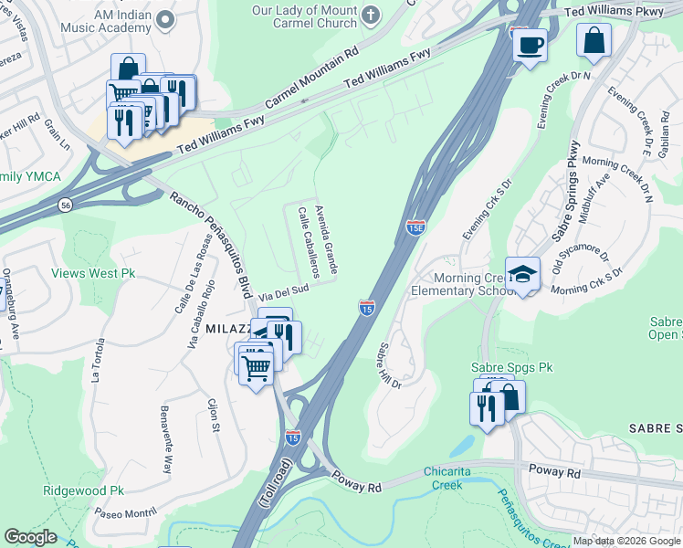 map of restaurants, bars, coffee shops, grocery stores, and more near 13035 Avenida Grande in San Diego