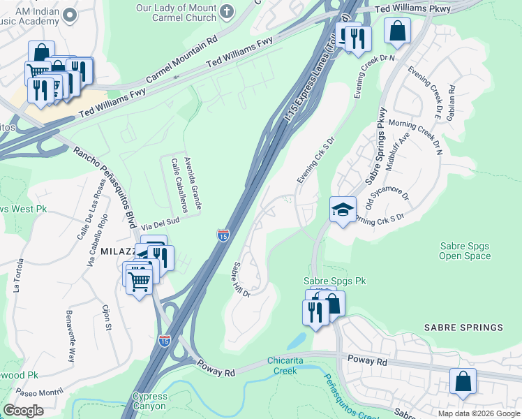 map of restaurants, bars, coffee shops, grocery stores, and more near 10905 Sabre Hill Drive in San Diego