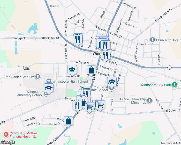 map of restaurants, bars, coffee shops, grocery stores, and more near 305 South Mill Street in Winnsboro