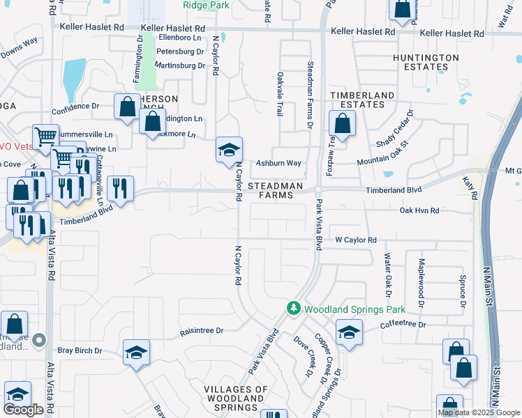 map of restaurants, bars, coffee shops, grocery stores, and more near 5101 Edgebrook Way in Keller
