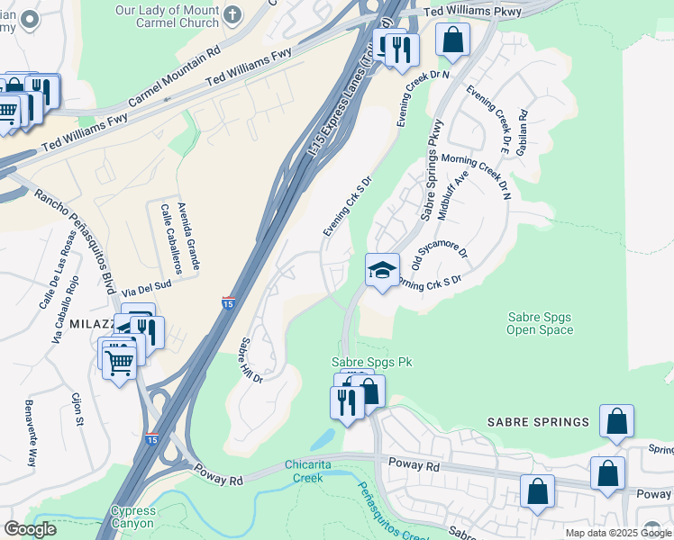 map of restaurants, bars, coffee shops, grocery stores, and more near 13039 Evening Creek South Drive in San Diego