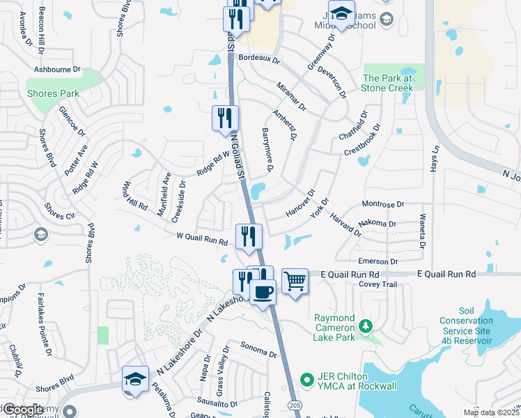 map of restaurants, bars, coffee shops, grocery stores, and more near 825 Featherstone Drive in Rockwall