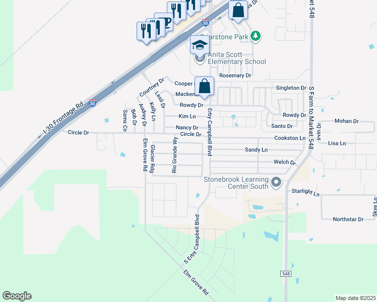 map of restaurants, bars, coffee shops, grocery stores, and more near 1315 Black Canyon Avenue in Royse City
