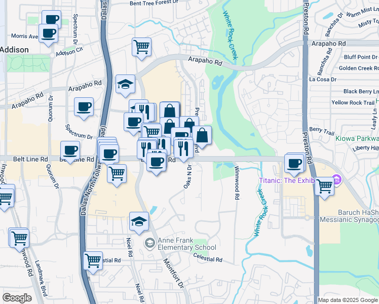 map of restaurants, bars, coffee shops, grocery stores, and more near 5335 Belt Line Road in Dallas