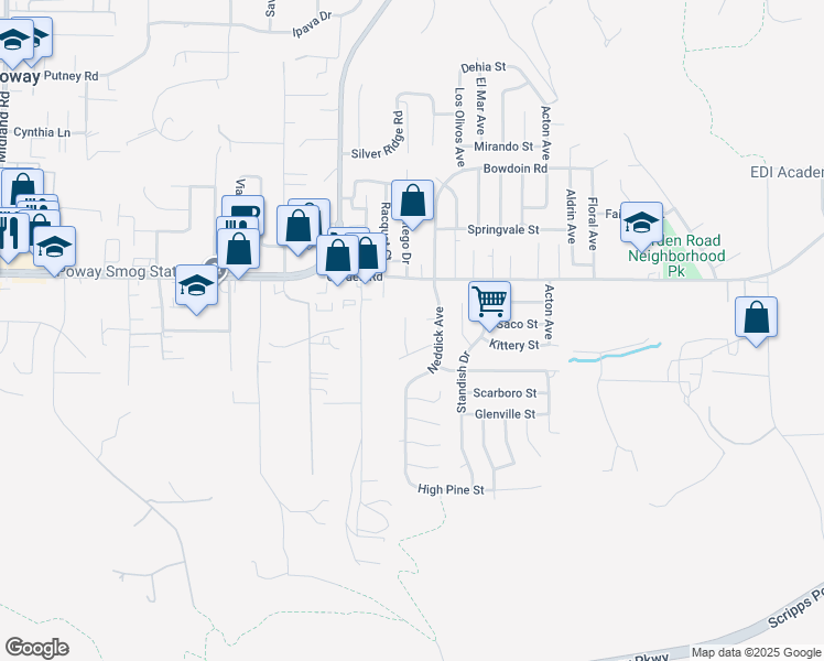 map of restaurants, bars, coffee shops, grocery stores, and more near 13158 Leaila Lane in Poway
