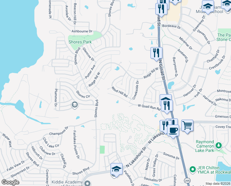 map of restaurants, bars, coffee shops, grocery stores, and more near 1865 Wind Hill Road in Rockwall