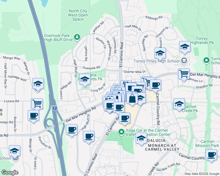 map of restaurants, bars, coffee shops, grocery stores, and more near 3617 Fallon Circle in San Diego