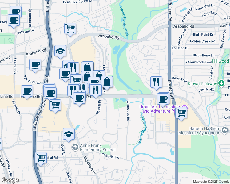map of restaurants, bars, coffee shops, grocery stores, and more near 5495 Belt Line Road in Dallas