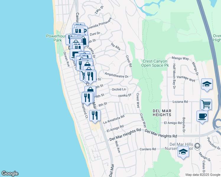 map of restaurants, bars, coffee shops, grocery stores, and more near 940 Highland Avenue in Del Mar