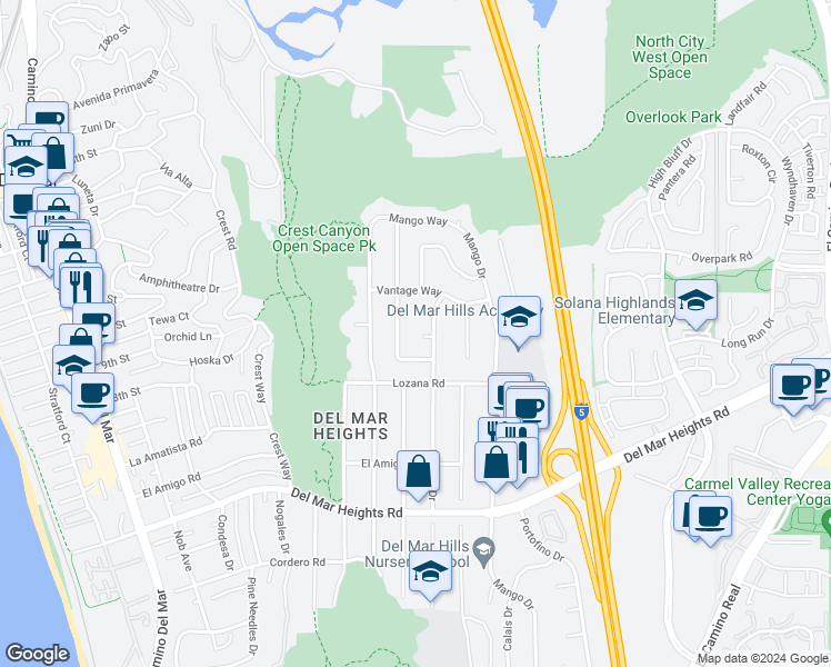 map of restaurants, bars, coffee shops, grocery stores, and more near 2466 Mission Carmel Cove in Del Mar