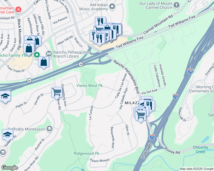 map of restaurants, bars, coffee shops, grocery stores, and more near 13044 Via Del Valedor in San Diego
