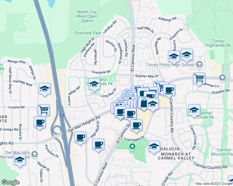 map of restaurants, bars, coffee shops, grocery stores, and more near 3604 Fallon Circle in San Diego