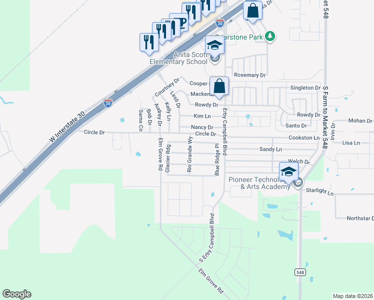map of restaurants, bars, coffee shops, grocery stores, and more near 1351 Black Canyon Avenue in Royse City