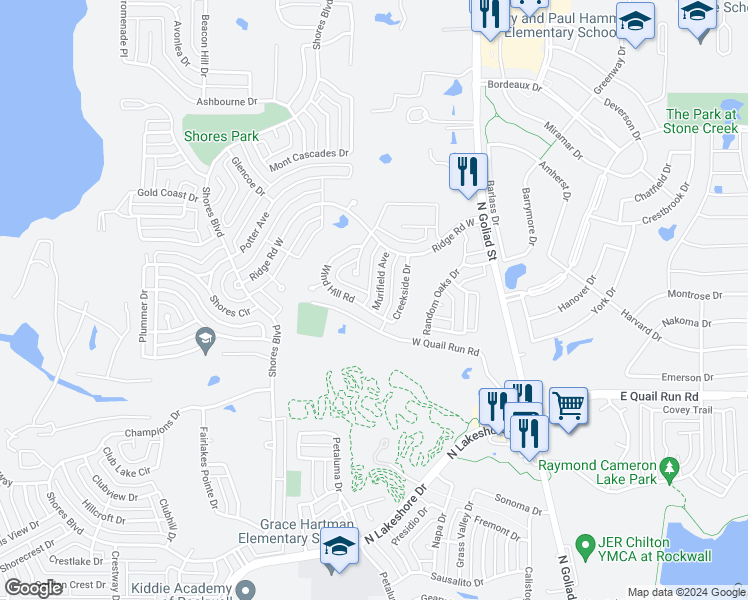 map of restaurants, bars, coffee shops, grocery stores, and more near 1985 Murifield Avenue in Rockwall