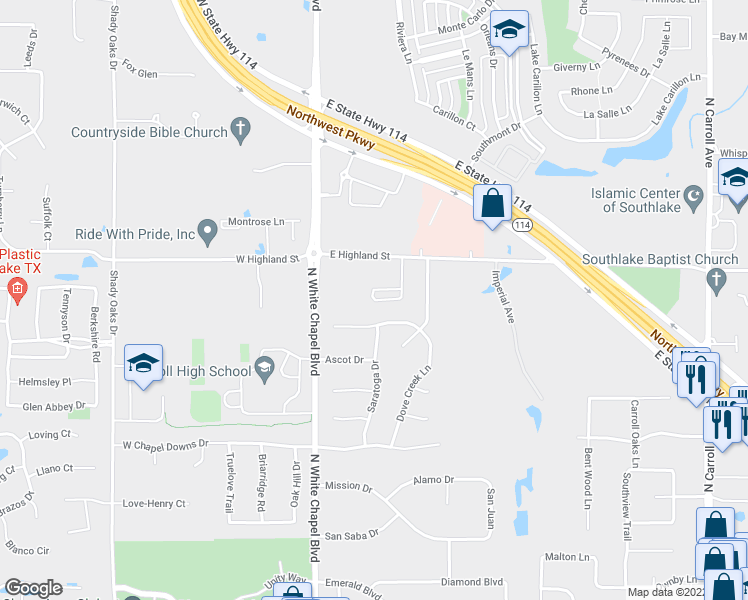 map of restaurants, bars, coffee shops, grocery stores, and more near 212 Marie Circle in Southlake