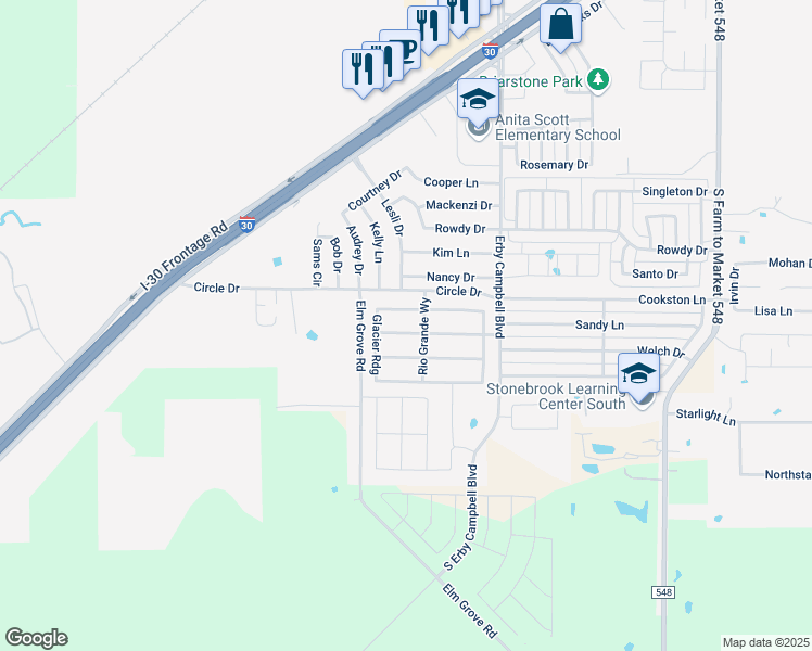 map of restaurants, bars, coffee shops, grocery stores, and more near 1439 Black Canyon Avenue in Royse City