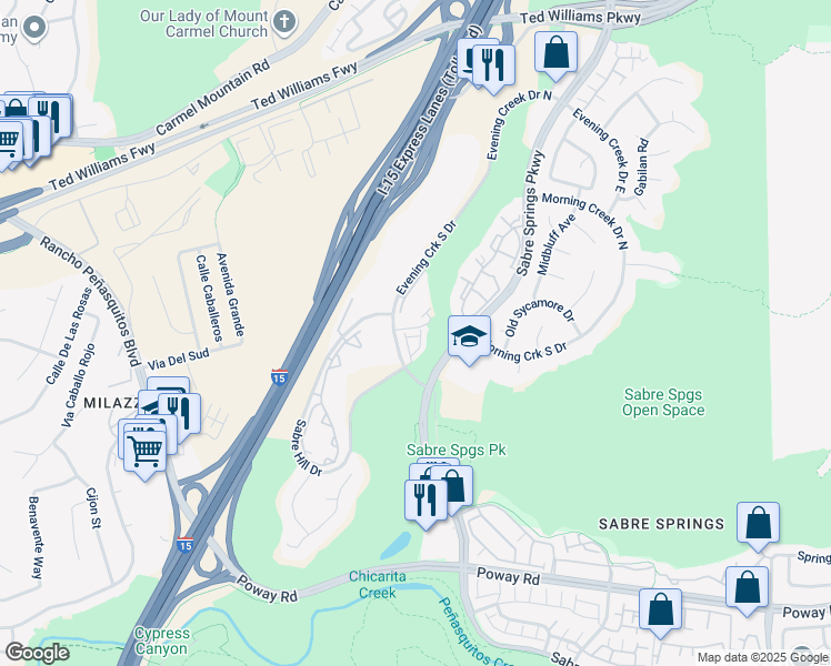 map of restaurants, bars, coffee shops, grocery stores, and more near 13039 Evening Creek South Drive in San Diego