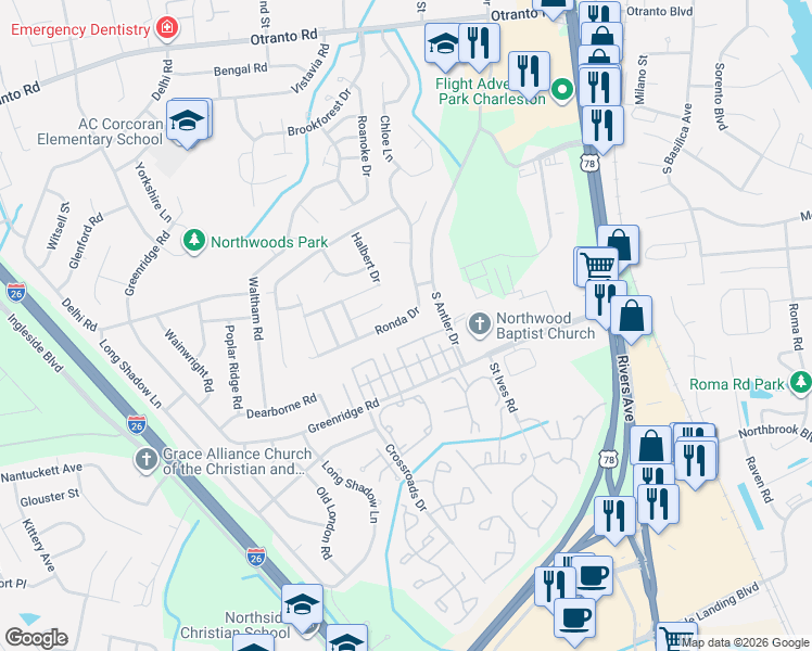 map of restaurants, bars, coffee shops, grocery stores, and more near 8163 Ronda Drive in North Charleston