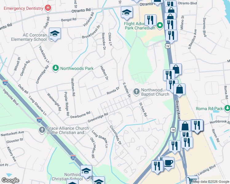 map of restaurants, bars, coffee shops, grocery stores, and more near 8163 Ronda Drive in North Charleston
