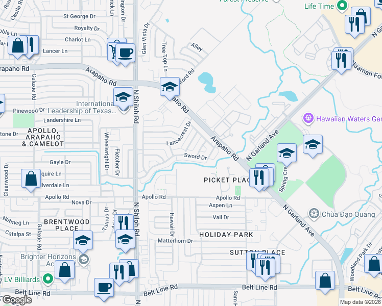map of restaurants, bars, coffee shops, grocery stores, and more near 4013 Broken Bow Lane in Garland