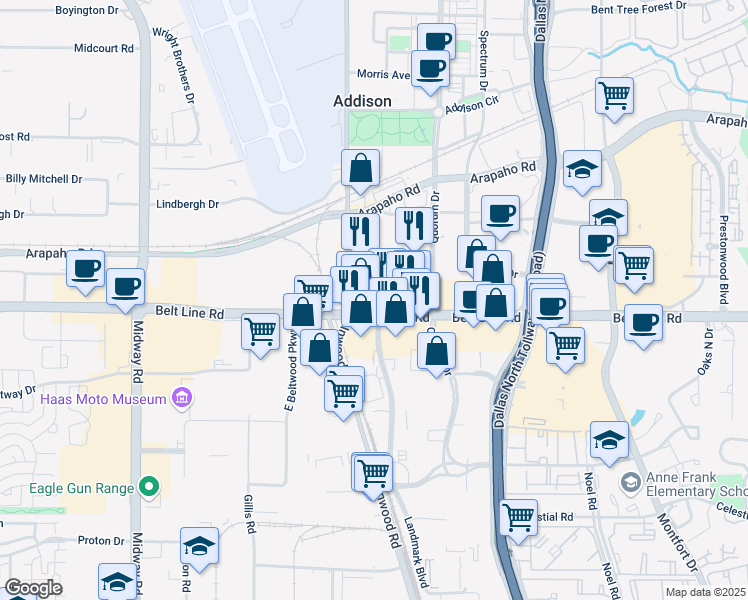 map of restaurants, bars, coffee shops, grocery stores, and more near 4901 Belt Line Rd in Dallas