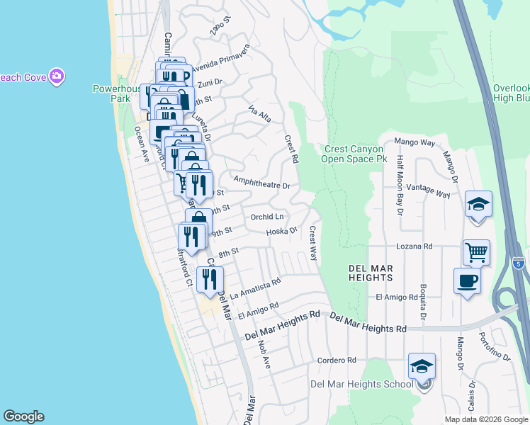 map of restaurants, bars, coffee shops, grocery stores, and more near 560 Orchid Lane in Del Mar