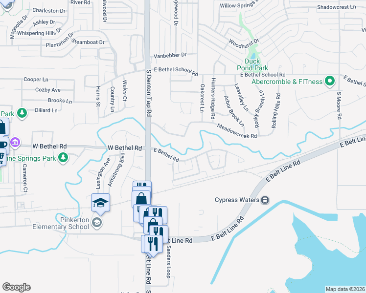map of restaurants, bars, coffee shops, grocery stores, and more near 141 Meadowcreek Road in Coppell