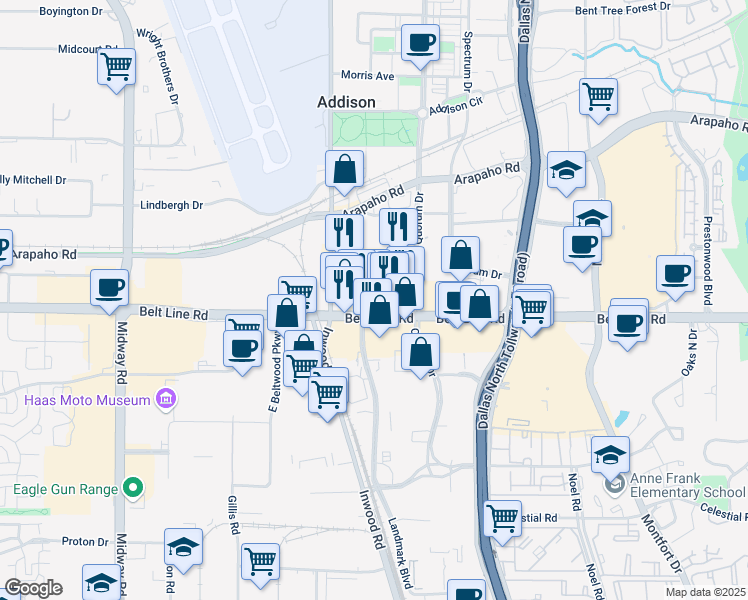 map of restaurants, bars, coffee shops, grocery stores, and more near 4901 Belt Line Road in Dallas