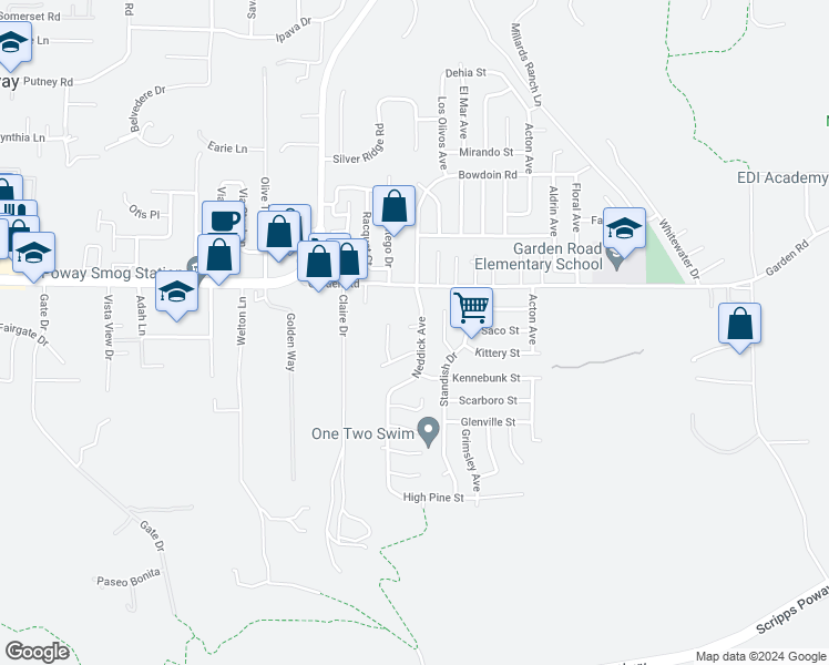 map of restaurants, bars, coffee shops, grocery stores, and more near 13146 Deelan Lane in Poway