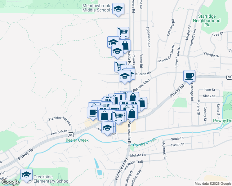 map of restaurants, bars, coffee shops, grocery stores, and more near 13187 Valewood Road in Poway