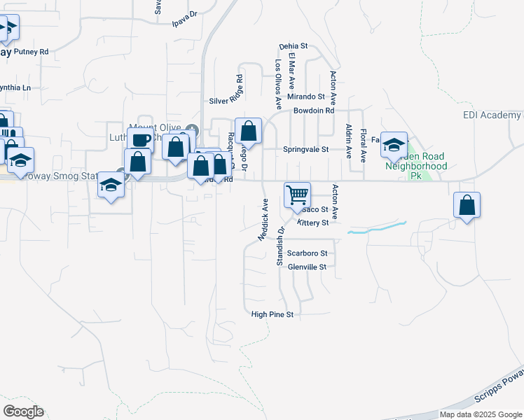 map of restaurants, bars, coffee shops, grocery stores, and more near 13208 Neddick Avenue in Poway