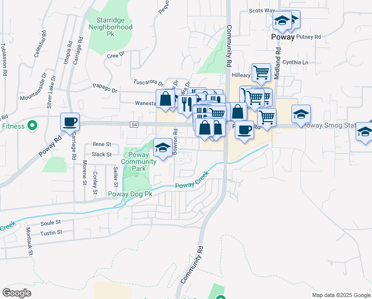 map of restaurants, bars, coffee shops, grocery stores, and more near 66 Civic Center Drive in Poway